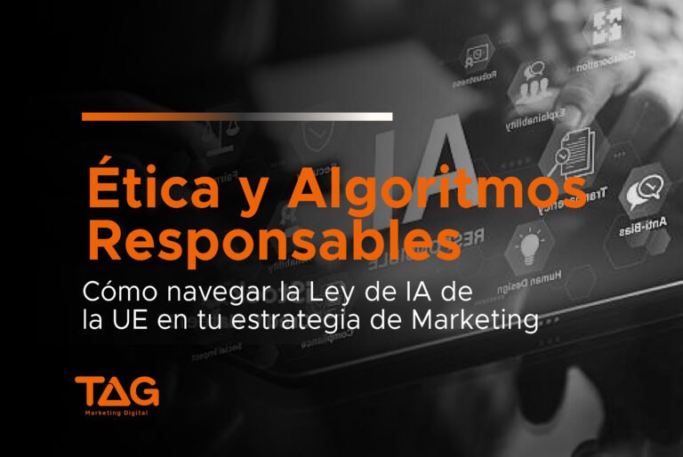 Imagen conceptual de tecnología y analítica sobre la Ley de IA de la Unión Europea y su impacto en la estrategia de marketing digital y ética algorítmica en España.