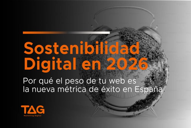 Un reloj despertador cubierto de plantas verdes. Texto: "Por qué el peso de tu web es la nueva métrica de éxito en España". SEO técnico y sostenibilidad web (Green IT).